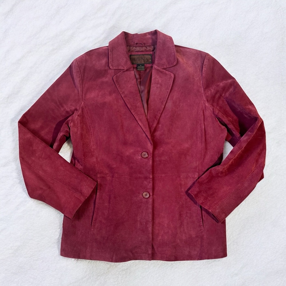 Vintage 90s Suede Leather Blazer Jacket Women’s Size 14 XL Burgundy Coat Siena